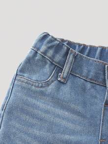 SHEIN Playful Pals Baby Girl Casual Versatile Simple Y2K Streetwear Distressed Loose Straight Washed Blue Comfortable Jeans, Suitable For Daily Wear - Light Wash - View 5