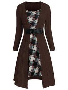 Vestido de talla grande para mujer, estilo vintage, de parches a cuadros, con hebilla delantera, 2 en 1, para primavera/otoño - Marrón - Ver 1