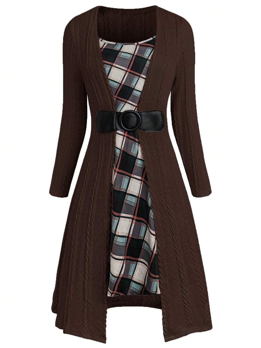Vestido de talla grande para mujer, estilo vintage, de parches a cuadros, con hebilla delantera, 2 en 1, para primavera/otoño - Marrón - Ver 1