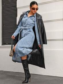 SHEIN PETITE 女式时尚休闲单排扣腰带牛仔连衣裙