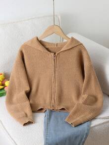 SHEIN Genkimix Kids 青少年女孩休闲纯色短款开衫，柔软舒适的卡其色拉链针织毛衣，适合日常、户外、旅行、度假、居家、托儿所穿着