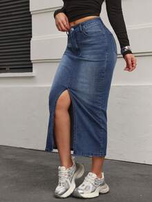 SHEIN PETITE 女式蓝色系带开叉下摆休闲牛仔裙 - 深色水洗藍 - 查看 4