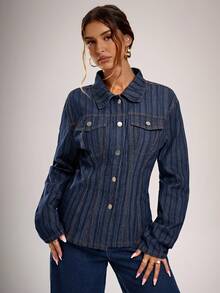 Avantive Striped Blue Denim Jacket Shirt Holiday Outfits For Women Casual Women Outfits - Dark Wash - View 7