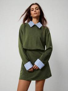 Hanevo Gestreiftes Patchwork-Kleid mit Kragen und Langarm im Lässig-College-Stil für Frauen