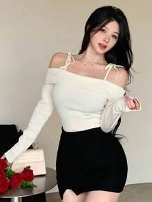 DAZY 女式露肩系带 T 恤，黑色，春夏 - 米色 - 查看 9