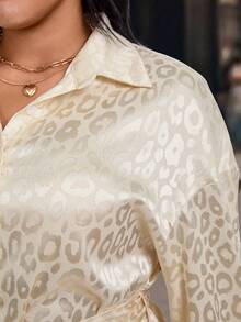 EMERY ROSE Plus Size Women's Champagne Leopard Print Shirt,Autumn Elegant Long Sleeve Drop Shoulder Tie Waist Top,Casual Loungewear For Night Out Club - Apricot - View 9