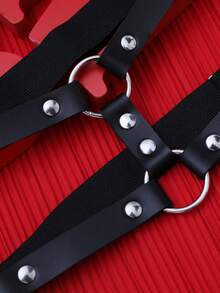 WENEZON Men's Leather Decor Ring Connector Suspenders Emo Belt Goth Belt Harness Strap Belts Y2k Punk Belt - Black - View 6