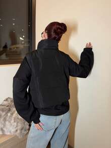 Abrilcols Áo vest đệm ngắn thường ngày có khóa kéo màu trơn dành cho nữ, mùa đông - màu đen - Xem 2