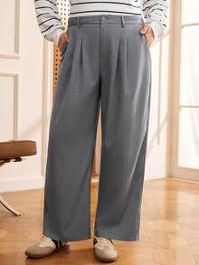 Rosumi Damen Große Größen einfarbige Hose mit Taschen, plissiert, weites Bein, lässig - Grau - Übersicht 3