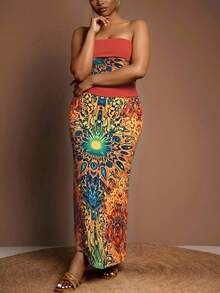 Slaydiva Plus Size 2 Pieces Set Red Sequin,Summer,Boho,Party Bohemian Colorblock Print Women's Music Festival,Western,Nashville Style,Vacation,Beach Outfit - Multicolor - View 8
