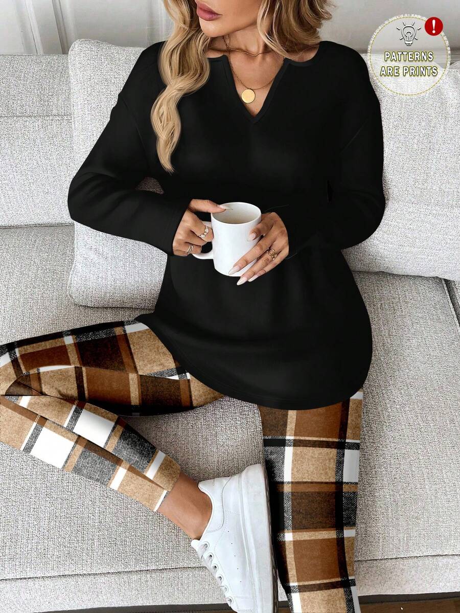 EMERY ROSE Plus Size Women Casual Long Sleeve Top & Plaid Pant 2 Pieces Set,Black And White,Autumn,Elegant,Smart Casual,Everyday Comfortable Lounge Outfits - Multicolor - View 1
