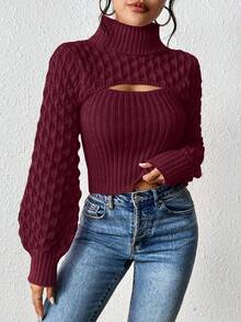 SHEIN Unity 女式纯色简约高领长袖毛衣，日常穿着 - 酒紅色 - 查看 6