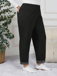 SHEIN CURVE+ 大码女式休闲松紧腰口袋牛仔裤 - 黑色 - 查看 4