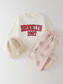 THE HAPPY LOOK Young Girls Apricot Geometric Pattern Elastic Waist Ribbed Sweatpants, Autumn/Winter - Multicolor - View 7