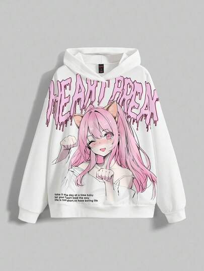 Anime Sexy Y2K Style Heart Print Loose Fit Hoodie Sweatshirt For Women, Autumn/Winter