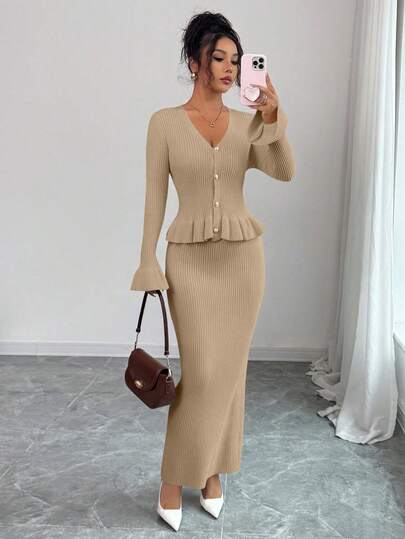 Elenzga Ruffled V-Neck Knit Cardigan & Bodycon Skirt Set For Women