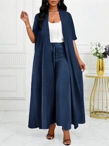 SHEIN Lady Women's Elegant, Casual, Commuting, Vacation, Simple, Solid Color Long Cardigan Jacket And Loose-Fitting Straight-Leg TrouTwo Piecespiece Set Four Seasons Modest Two Piece Set - Navy Blue - View 5