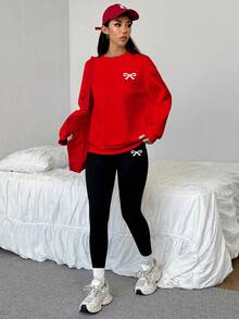 SHEIN EZwear 2 pièces/Set sweat-shirt ample décontracté col rond rose et leggings skinny, logo nœud, streetwear, vintage, retour à l'école, rétro, tenues décontractées d'automne et d'hiver pour femmes, vêtements scolaires, campagne, hip-hop, streetwear, sports, fitness, gym - Multicolore - Voir 6