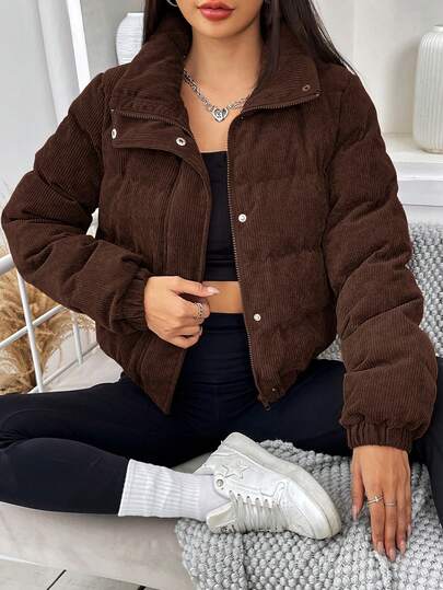 SHEIN EZwear 秋冬女装休闲咖啡棕色拉链按扣灯芯绒棉衣外套，冬季棉衣外套，棕色外套