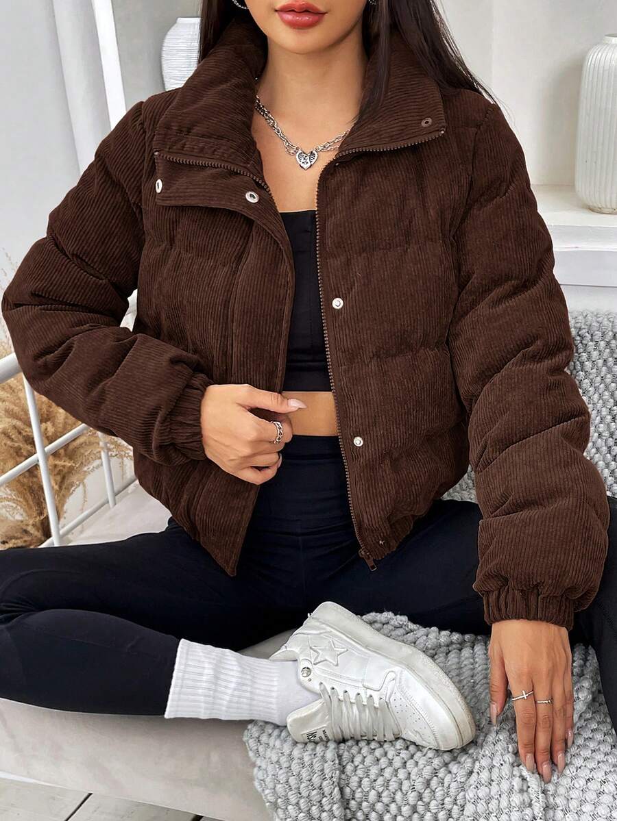 SHEIN EZwear 秋冬女装休闲咖啡棕色拉链按扣灯芯绒棉衣外套，冬季棉衣外套，棕色外套 - 咖啡棕 - 查看 1