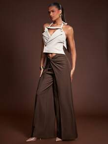 Hauture Pantalones largos de pierna ancha con envolvente fruncido sexy para la oficina de mujer - Marrón - Ver 4