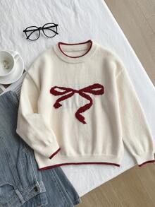 SHEIN 女童超大毛衣，撞色饰边，蝴蝶结装饰，提花图案，适合万圣节、圣诞节、开学季，休闲可爱 - 杏色 - 查看 3