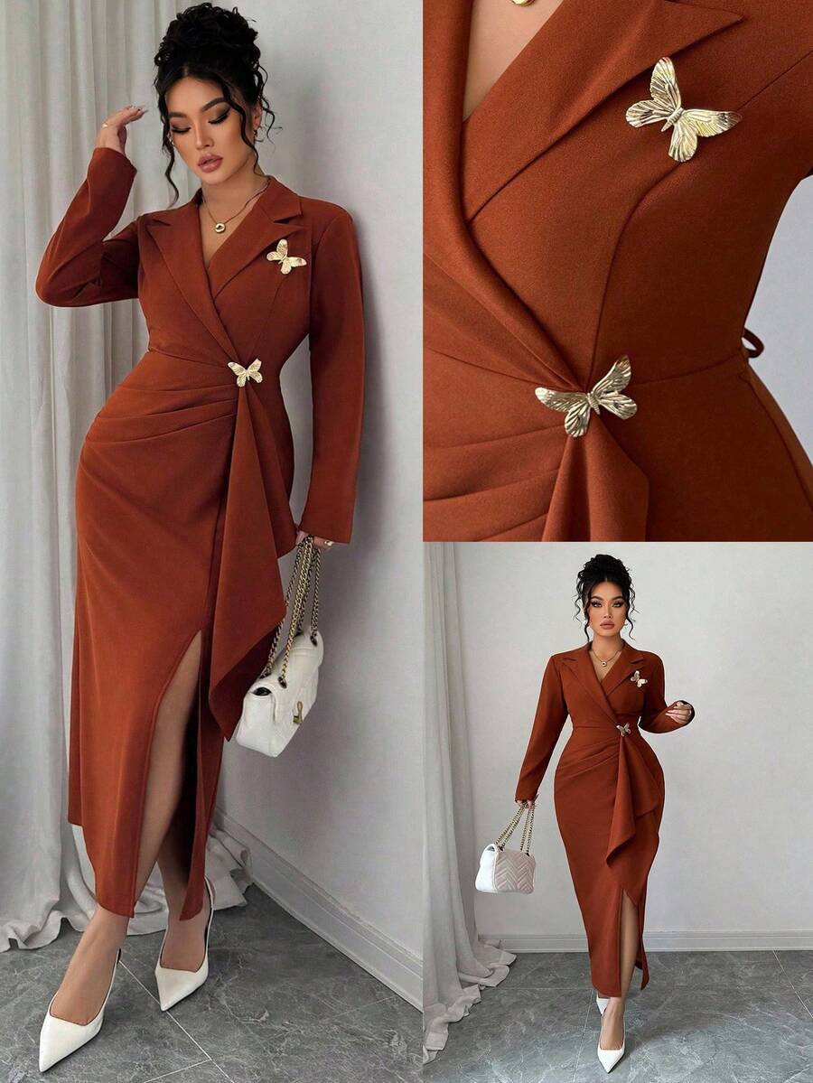 Elenzga Vestido marrón con textura gruesa, cuello en V cruzado, hebilla metálica con diseño de mariposa, bajo asimétrico, abertura alta, mangas largas, ajuste entaajustadobodycon, elegante y versátil para oficina/casual, talla grande - Marrón - Ver 1