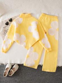 Tween Girls Cute Light Yellow 2pcs Knitted Outfit Set,Flower Pattern High-Neck Sweater&Wide-Leg Pants For Autumn,School,Back-To-School Daily Wear - Yellow - View 3