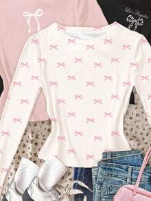 SHEIN 3 件套 Tween 女童修身休闲简约蝴蝶结装饰圆领长袖短款 T 恤，奶油白、奶油粉、深黑色，适合秋冬季 - 彩色 - 查看 4