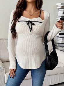 SHEIN Camiseta casual de manga larga, cuello redondo, ajustada y acanalada con bloqueo de color para maternidad - Albaricoque - Ver 4