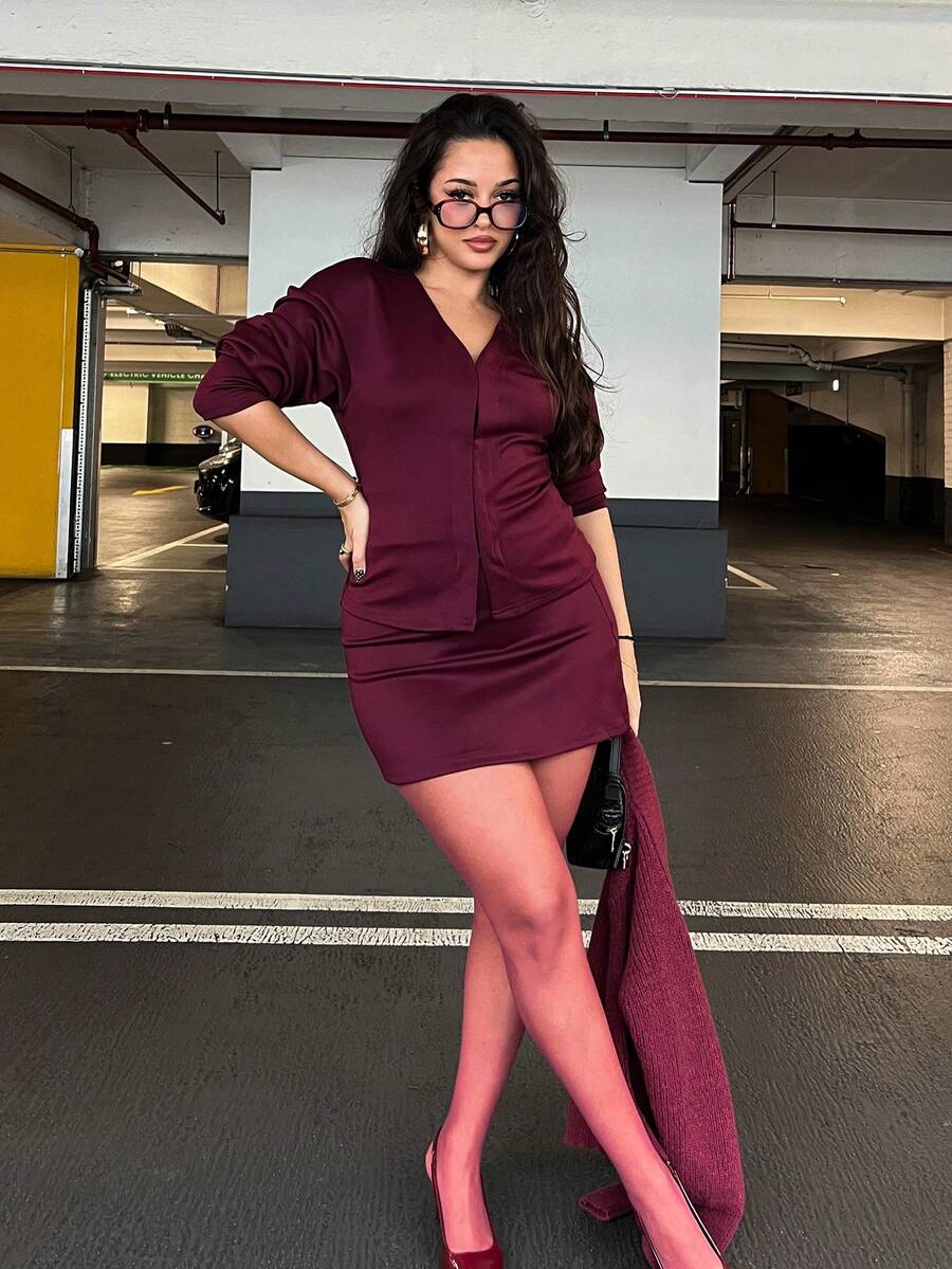 NegzBox Women's Elegant Hook Front Raglan Sleeve Top And High Waist Bodycon Skirt 2 Pieces Suit In Burgundy,Burgundy Tops - Burgundy - View 1