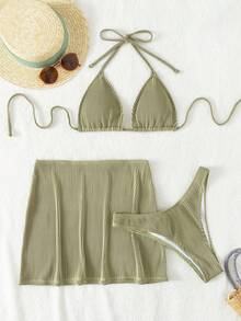 Bonvoyette 3pcs Set: Solid Color Halter Tie Bikini Swimsuit With Matching Skirt - Olive Green - View 5