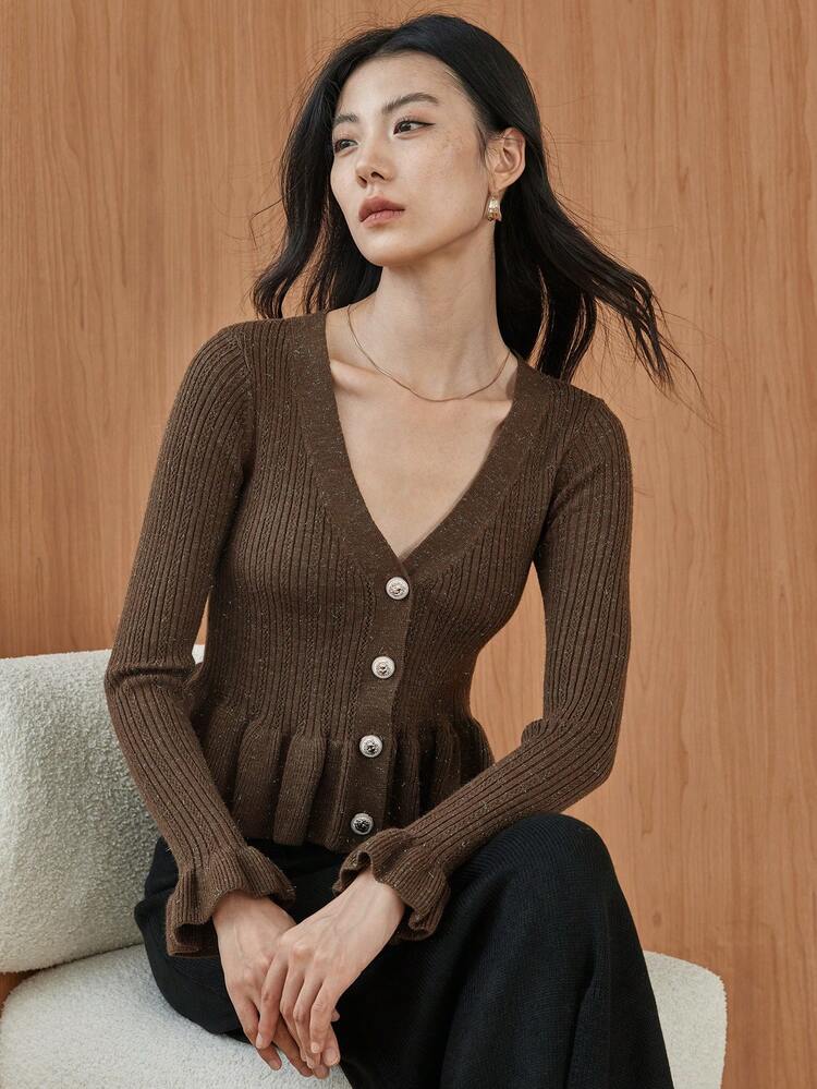 Women's Loose Business Casual Metal Buckle Decor Elegant Knit Cardigan, Suitable For Commuting, Autumn/Winter