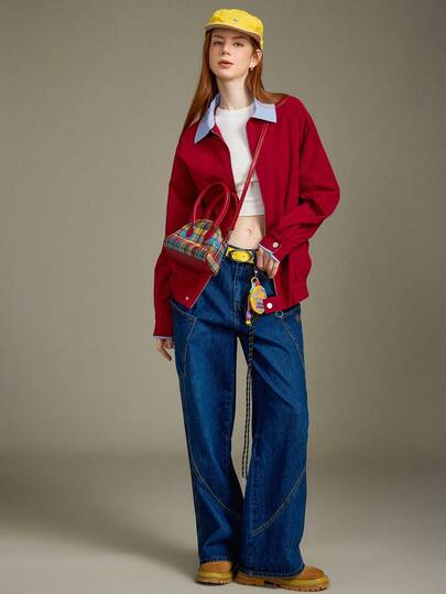 Elnivra 女式长袖格子拼布夹克，拉链开合，红色领子，口袋，休闲美式复古风格，百搭，运动时尚，适合返校季，秋季