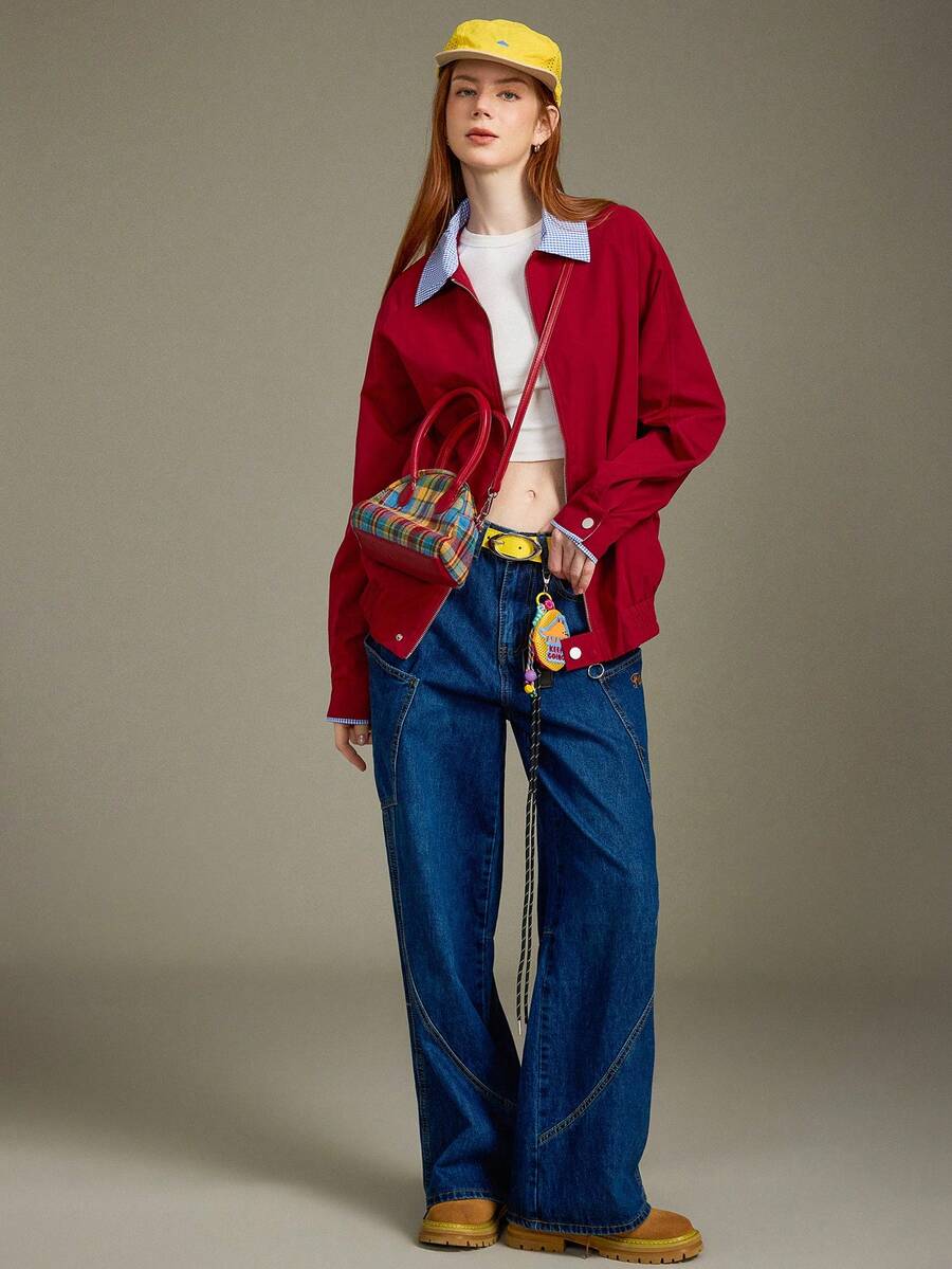 Elnivra Jaqueta feminina xadrez de manga comprida, com zíper, gola vermelha, bolsos, estilo vintage americano casual, versátil, moda esportiva, adequada para a volta às aulas, outono - Vermelho - Ver 1