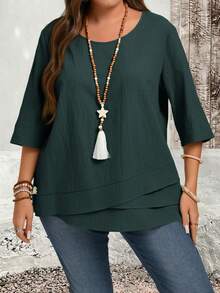 EMERY ROSE Plus Size Asymmetric Hem Green Country Shirts Fall Clothes - Green - View 3