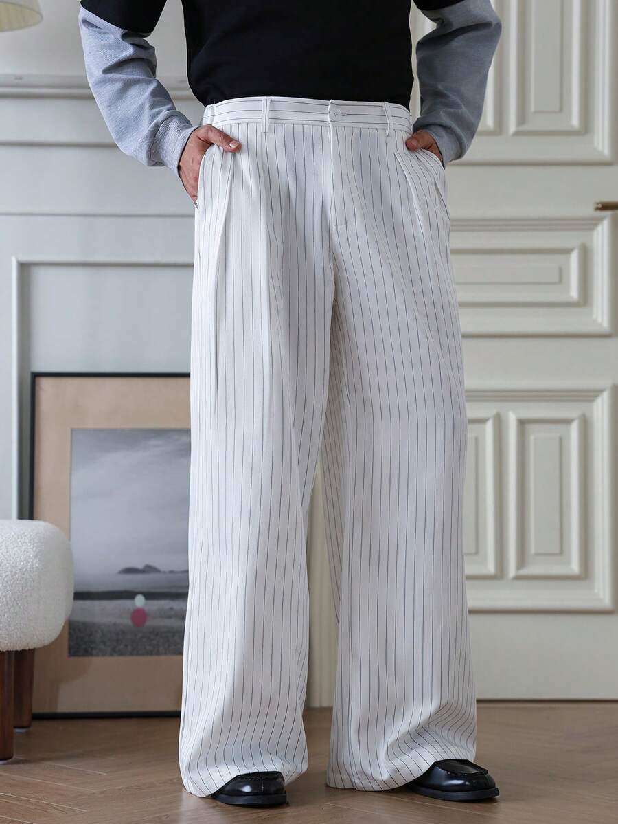 Manfinity Homme Pantalones de traje casuales de hombre a rayas blancas - Blanco - Ver 1