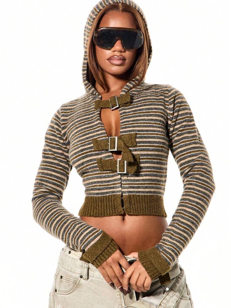 SUMWON WOMEN Striped Knit Hooded Cropped Sweater With Buckles