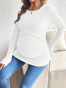 SHEIN Solid Color Round Neck Raglan Sleeve Fitted Ribbed Nursing Top Pregnant Pregnancy Maternity White Maternity Fall Winter Maternity Shirt - White - View 4