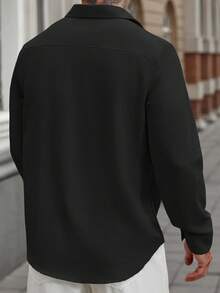 Manfinity Roughcore Men's White Casual Linen Long Sleeve Shirt Men Knitted Button Up Men Black Long Sleeve Shirt Men Casual Long Sleeve Shirts Men Textured Shirt Ceremony - Black - View 2