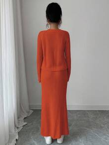 Elenzga 女士纯色纽扣毛衣和裙子套装，时尚 - 亮橙色 - 查看 2