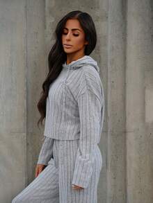 SAYEHFBABY 條紋針織落肩袖抽繩連帽衫和褲子 - 淺灰色 - 查看 5