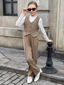 Bộ áo thun thời trang thường ngày không tay cổ chữ V cài nút phía trước cho bé gái tuổi mới lớn - Màu Khaki - Xem 3