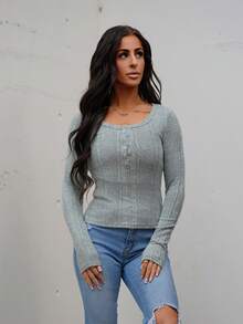 SAYEHFBABY Women's Sage Green Rib Knit Top, Front Center Button, Long Sleeve Tee - Mint Green - View 6