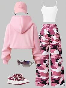 SHEIN مجموعة مكونة من 3 قطع: هوديي مقصوص مطبوع عليه اسم المدينة، توب كاميسول بسيط، وبنطلون جينز واسع مشوه، طراز كاجوال عصري مناسب للخروجات والعطلات والأوقات الحرة