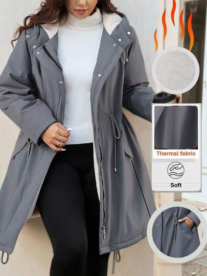 Vionelle Plus Size Long Sleeve Zipper Fluffy Lining Slant Pocket Drawstring Waist Hooded Basic Casual Parka Winter Coats For Women Winter/Autumn