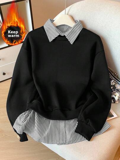Modelyn Striped Patchwork 2 In 1 Long Sleeve Elegant & Fashionable Women Sweatshirt