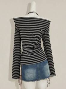 SHEIN ICON Y2k Women's Goth Grunge Striped Off Shoulder Long Sleeve Ruched Casual T-Shirt - Multicolor - View 2