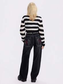 Breakform Punk Jeans Street Style Mid-Rise Cross Wing Rhinestone Embellished Washed Wide Leg Jeans - Black - View 1