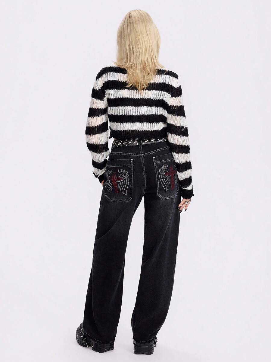 Breakform Punk Jeans Street Style Mid-Rise Cross Wing Rhinestone Embellished Washed Wide Leg Jeans - Black - View 1